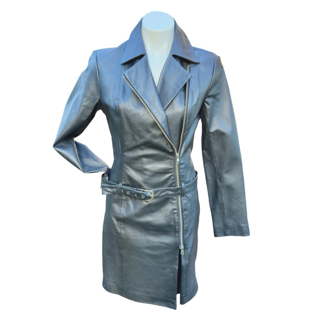 Vintage 1990’s Newport News Black Leather Asymmetrical Zip Moto Dress - Picture 7 of 14